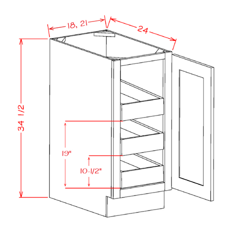 Shaker Full Height Base Cabinet With 3 Roll Out Trays 21"