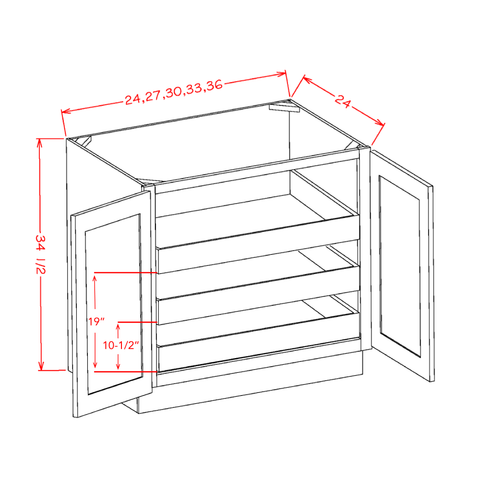 Shaker Full Height Base Cabinet With 3 Roll Out Trays 33"